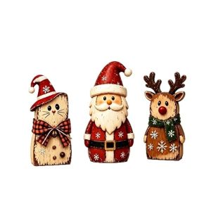 TIEZI MALL 1/3pcs Gỗ Đồ trang trí Giáng sinh Tuần lộc Mèo Trang trí Giáng sinh Hoạt hình dễ thương Họa tiết hai  Đồ trang trí để bàn dịp Giáng sinh Tiệc Giáng sinh