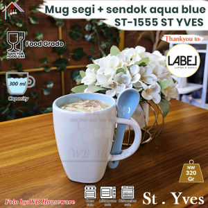 St Yves mug gelas cangkir kopi + sendok porselen warna aqua blue / cup and spoon ceramic coffee tea