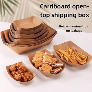 【Prompt delivery】50PCS Kraft Paper Plate Siomai Kikiam Plate Tray Hotdog Tray Square Cake Plate Tkoyaki Box