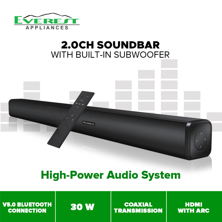 Everest Bluetooth 2.0ch Sound Bar with Built-In Subwoofer | HDMI and ...