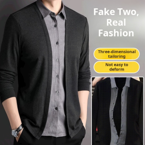 Mens Fake Two-Piece Fleece Business Shirt Fake Two-Piece Knitted Sweaters Business Casual Shirt Plus Size