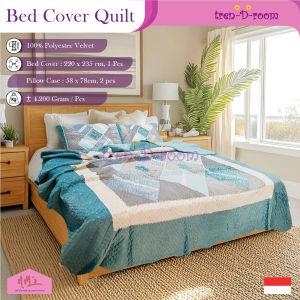Tren-D-room Bed cover quilt set aesthetic 220 cm x 235 cm dan 2pcs sarung bantal 58 cm x 78 cm selimut tebal padding isi dakron motif patchwork modern dekorasi kamar tidur polyester velvet - NMs
