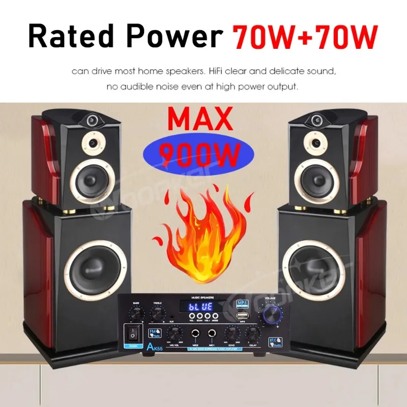 WOOPKER AK55 Stereo Audio Amplifier with Bluetooth 5.0, 450W Max Power, 2.0 Channel Home Amplifier for Karaoke, Home Theater Speakers, USB, RCA, AUX, Echo, 2MIC in WOOPKER AK55 Stereo Audio Amplifier with Bluetooth 5.0, 450W Max Power, 2.0 Channel Home Amplifier for Karaoke, Home Theater Speakers, USB, RCA, AUX, Echo, 2MIC in