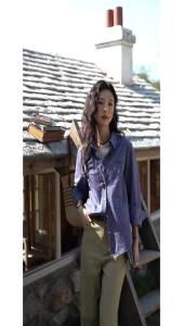 แฟชั่นเสื้อเชิ้ตผ้าฝ้ายลายตารางสีน้ำเงินสไตล์เรสำหรับผู้หญิงฤดูใบไม้ร่วงใหม่หลวมสบายแขนยาว