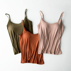 Japan Bra Top For Women with chest pad Camisole Plus Size Round Neck T Shirts Lady Causal Chest Pad Tops Modal Sling Vest Sleeveless Tanks Camisoles Ladies Fashion Korean Style Vest Solid Slim Female Sports/Yoga Home wear