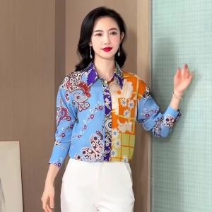 Ammin 2025 phong cách Hàn Quốc Ánh Sáng Sang Trọng Khối màu sắc thời trang in hoa Áo Sơ Mi Cho Phụ Nữ xuân thu New Pháp Ve Áo Thiết Kế Một hàng khuy in graffiti Tay áo dài áo blouse thanh lịch