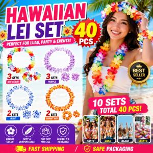 40pcs Hawaiian Lei Set Luau Party Flower Garland Headband Wristband Colorful Mix