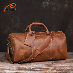 Vintage Mens Travel Bag Genuine Leather Hand Luggage Bag Duffle Large Capacity Shoulder Shoe Pocket For 15 Inch Laptop NUPUGOO