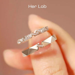 Her Lab Jewelry | High-grade sterling silver moissanite ring Personalized diamond geometric couple S925 platinum-plated diamond ring Fashion Korean version of the wedding ring 520 confession gift custom engraving
