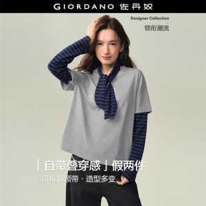Giordano Women Fake two-piece stripe detachable tie tee Free Shipping 18326721