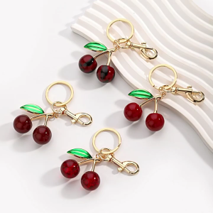 Chic Resin Leopard Pattern Cherry Pendant Vibrant Cherry Key Rings Adornment Keychain Pendant for Trendy Bags and Purses