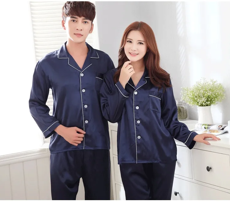 Black Men Nightwear Shirt Pants Sleep Pajamas Sets Long Sleeve