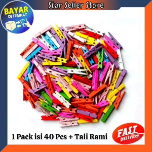 Starsellerstore [ Paket 40 Pcs ] Penjepit Foto Warna Warni Wooden Clip Jepit Foto Photo Clip Wooden Peg Import Murah COD
