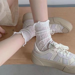 ⚡️พร้อมส่ง⚡️ ถุงเท้ากองลูกไม้สีขาวสำหรับผู้หญิงพร้อมถุงน่องขอบหูสำหรับสวมใส่ด้านนอกถุงน่องญี่ปุ่นสไตล์ฤดูร้อนบาง jk ลูกไม้ญี่ปุ่น