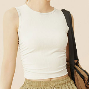 Crassula เสื้อออกกำลังกาย แขนกุด แบบครอป ดีไซน์คอกลม ด้านข้างเย็บจีบ กระชับช่วงเอว