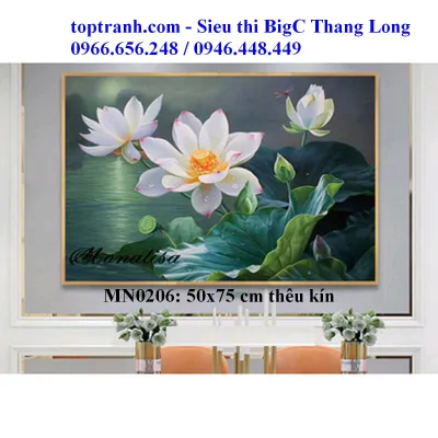 Tranh thêu chữ thập cành hoa sen trắng MN0206 cỡ nhỏ chưa thêu