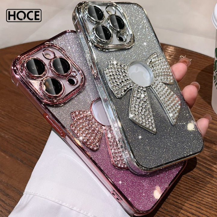HOCE Glitter Gradient Bling Diamond Clear Bow Logo Hole Phone Case For  iPhone 11 12 13 Pro 14 15 Pro Max 14 15 Plus Cases Luxury Transparent