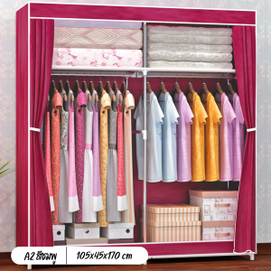 ตู้เสื้อผ้า 2บล็อค ตู้เสื้อผ้าแบบประกอบเอง (รุ่นA) 2ราวแขวน2ช่องวางของ ผ้ากันน้ำ มีช่องเสริมด้านข้าง2ช่อง