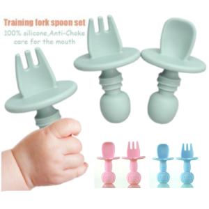 [READY STOCK] Food Grade Baby Infant Kid Silicone Spoon Fork Set Training learning Feeding Self Weaning Utensil with box