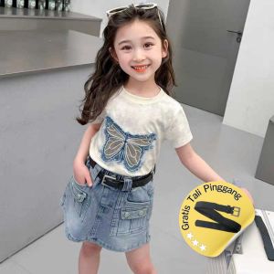 Setelan Fashion Anak Perempuan Motif Kupu-Kupu & Rok Jeans dengan Tali Pinggang