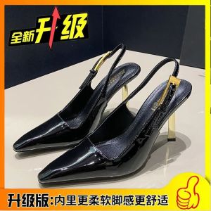 [Free Shipping] 24 Early Spring Small Gold Bar Sandals Shallow Square Toe Patent Leather Side Hollow Closed Toe Ultra High Heel Metal Buckle Pointed Toe Fashionable WomenS Shoes