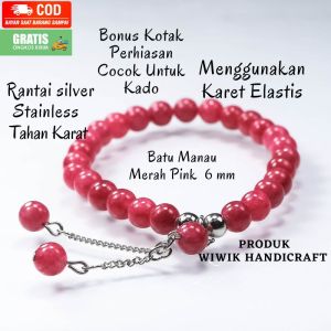 Gelang Tangan Wanita Batu Manau Pink Kemerahan 6 mm Stainless Tahan Karat Kado Hadiah Terbaru
