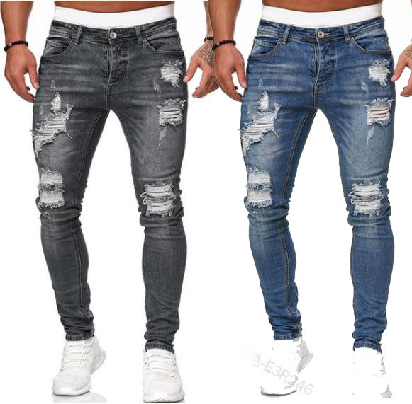 Men Elastic Waist Skinny Jeans Men Ripped Pants Streetwear Mens Denim ...