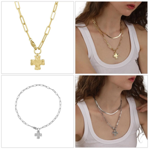 Thick Crucifix Charm Necklace Stainless Steel Layering Vintage Herringbone Snake Bone Chain Gift Set