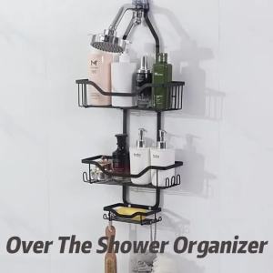 over the shower head caddy Hanging Shower Organizer - 3-Tier Organizer W/ Soap Holder & Hooks for Towels Sponge Back To School