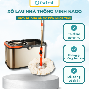 BỘ THÙNG LAU NHÀ NAGO BẰNG THÉP KHÔNG GỈ KÈM BÔNG LAUBộ dụng cụ lau nhà 43x25x24cm