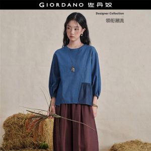 Giordano Women 100% cotton asymmetric hem denim blouse Free Shipping 18346821