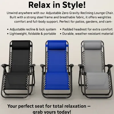 Kerusi Malas Boleh Lipat lebar 65cm saiz besar PERCUMA bantal/pad kepala Adjustable Zero Gravity Reclining Lounge Chair