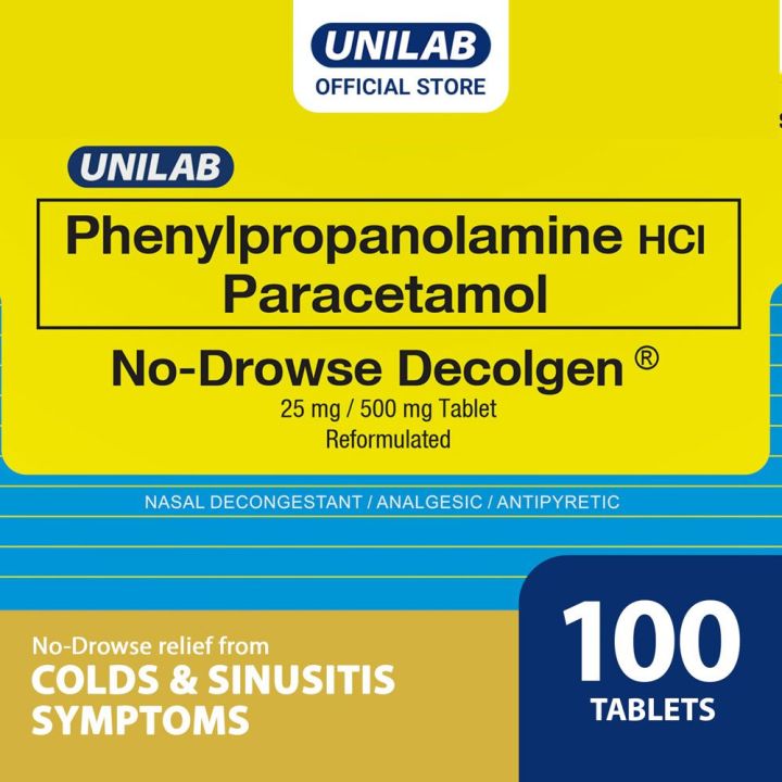Unilab No-Drowse Decolgen 100 Tablets - No-Drowse Relief from Cold & Sinusitis Symptoms