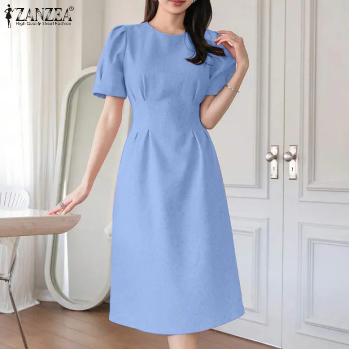 ZANZEA Korean Style Women Formal Office Plain Crew Neck Dresses Puff ...