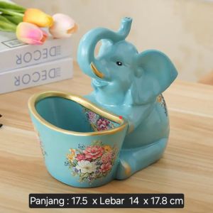 Patung Gajah Oriental Ornament Bunga Fitur Rak Organizer Meja Kantor Belajar Vintage