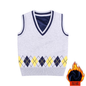 Autumn Winter New Collection for Toddlers and Young Children Boys Preppy Style Knitted Sweater Pure Cotton Warm Vest with Fleece Lining