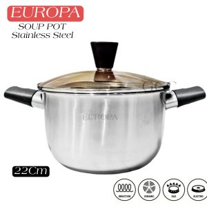 Leoshop888 Soup Pot Induksi Stainless Kuping Dua EUROPA PAnci Masak Soto Ukuran 22cm Bahan Tebal Anti Karat Tutup Kaca