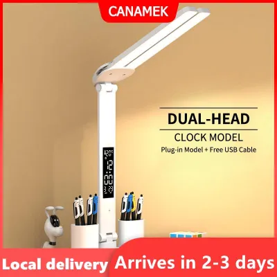 【Giao hàng nhanh】 Led bàn đèn kép đầu bảng ánh sáng với đồng hồ kỹ thuật số bảo vệ mắt có thể gập lại cánh tay cho nghiên cứu cạnh giường ngủ đêm đọc sách