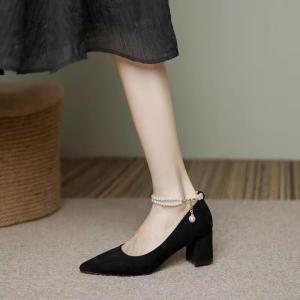 Free Shipping 2026 Spring And Autumn New Collection: Velvet Pearl Ankle Chain Pointed-Toe High Heels WomenS Unique Fashion Flats