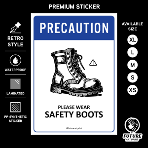 Precaution Please Wear Safety Boots. Premium Sticker. Warning. Sign Label Notice Signage. Laminated Waterproof Scratch Resistant. Suitable for Indoor and Outdoor.