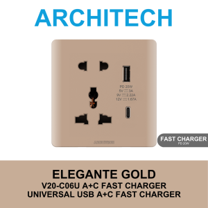 ARCHITECH Elegante Gold V20-C06U A+C FAST CHARGING Stop Kontak - Universal A+CFAST