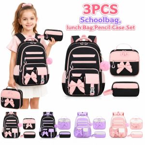 BESTITIT 3PCS Oxford Cloth Backpacklunch BagPencil Case Set Large Capacity Cartoon Bow-knot Schoolbag Set Cute Lightweight Bookbag Set For ChildrenTeenagers