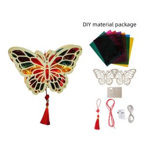 SEJUE4373 Handmade Craft LED Luminous Wooden Lantern Chinese Traditional Hollow Out DIY Lantern Kit Gifts Colorful Goat Year Handheld Lamp Spring Festival