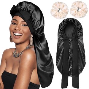 Silk Hair Satin Bonnet for Sleeping WomenLong Sleep Silk Bonnets for Black Women Curly Long Hair with Tie BandBraid Silky Bonnet Sleeping Cap for Braids with 2 Pcs Satin Scrunchies(Bean Paste Pink)