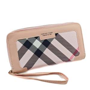Long Wallet for Ladies with Single Zipper - Free Lanyard Plaid Design Perfect for Everyday Use