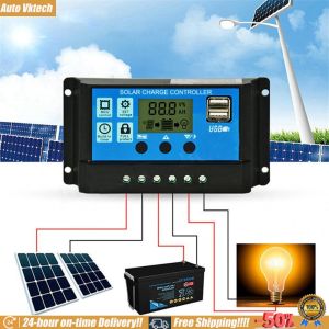 [Vktech]12V/ 24V Solar Panel Regulator with Adjustable LCD Display Solar Panel Battery Intelligent Regulator Dual USB Port Timer Setting for Home Industrial Commercial Outdoors Work (30A)