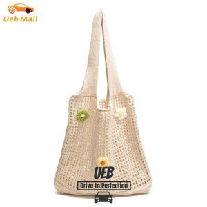 [UEB Mall]Women Knitted Tote Bag Crochet Shoulder Bag Large Capacity Hollow Out Handbag with Flower Decor Outdoor Travel Bag