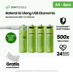 Baterai Cas Isi Ulang 4pcs Smartoools MicroBatt Ukuran AA 1.2V dengan port USB Type-C Rechargeable NiMH Battery Isi Ulang 500 Kali Bonus Casing Baterai