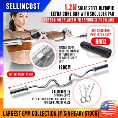 SellinCost 1.2m / 1.5m / 1.8m / 2.2m Olympic Bar Barbell Straight 1Y WARRANTY Curl Bar Extra Curl Bar Dumbbell Bar For 5cm Hole Plate Diameter Weight Plate Weight Lifting with Spring Locks With / Without Shoulder Pad Protector YL-BSP220 Black OBB 奥林匹克杠铃杠