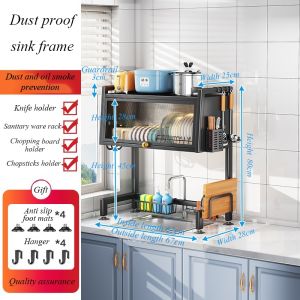 Metal Sink Dish Rack With Cabinet Doors Dustproof Kitchen Drying Rack Multi-Functional Kitchen Storage Rack